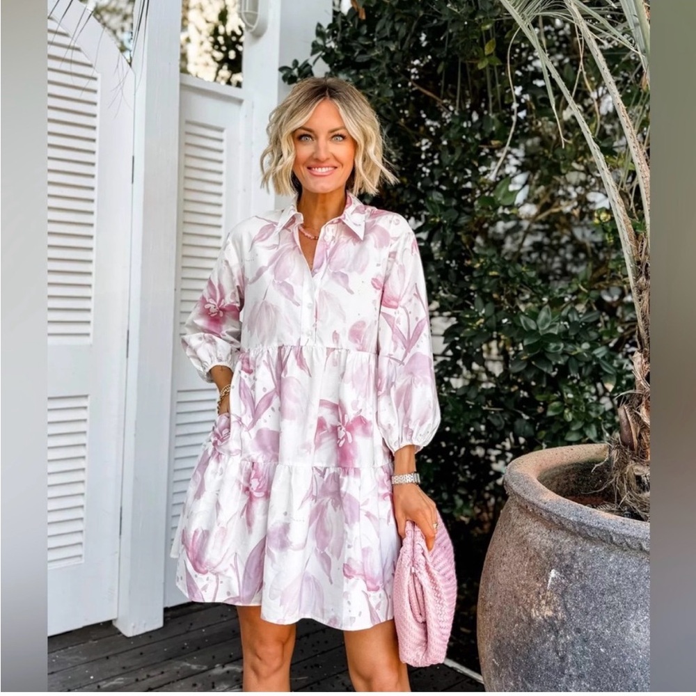 Floral Pink White Women's Dress lovely Grey x Anthropologie Bettina Maeve Small